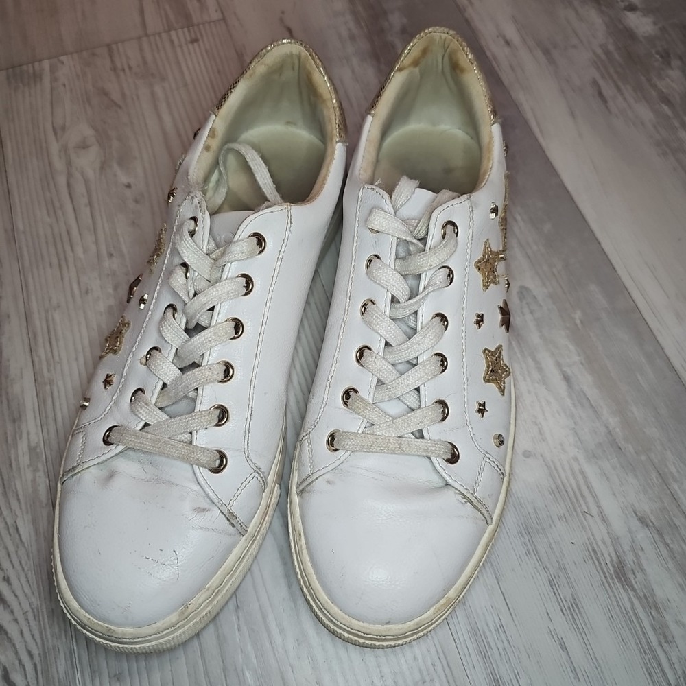 Streetwear Edgy White Gold Glitter Star Studded Low Top Lace Up‎ Wom. Sz 8.5